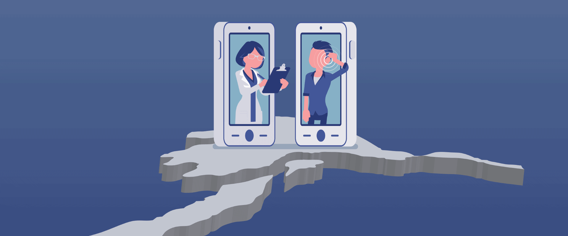 Illustration of telehealth visit via cell phone over Alaska state shape (Andrew Rybalko/Shutterstock.com and Yaska/Shutterstock.com)