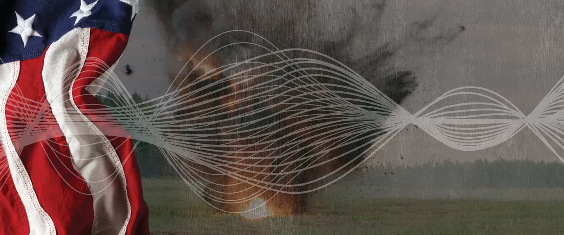 Photo collage of American flag, an explosion and an overlapping soundwave