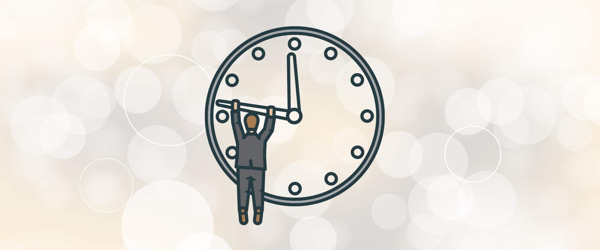 Illustration of a business hanging on the arm of a large clock to turn back time