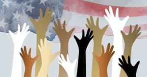 Illustration of the diversity of volunteering with hands raised in front of watercolored US flag