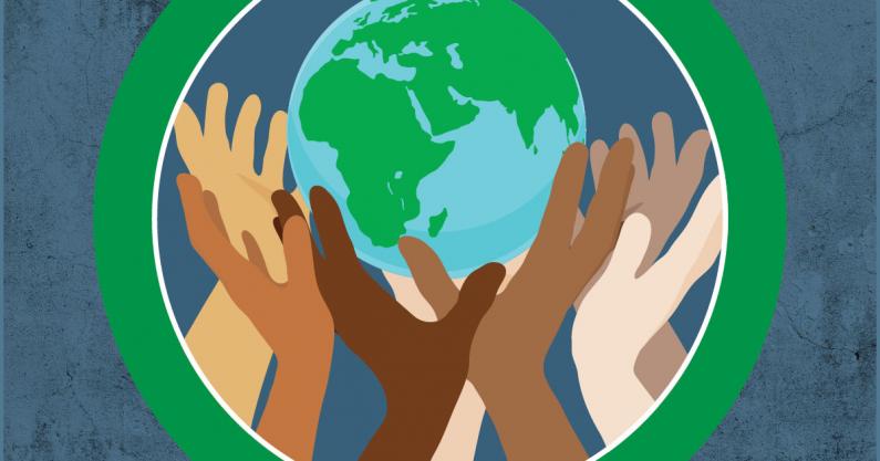 Illustration of diverse hands holding up the world