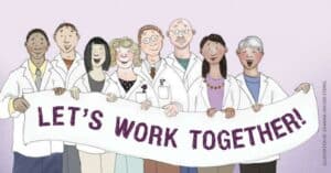 Illustration of a group of audiologists holding up a sign