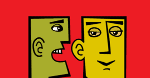 Close-up Illustration of one guy talking into another guy's ear