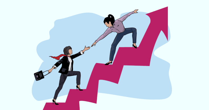 Illustration of one woman helping another on an upward moving arrow in the sky