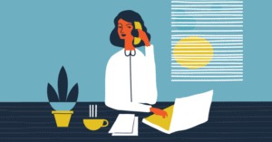 Illustration of audiology assistant answering phone in the office