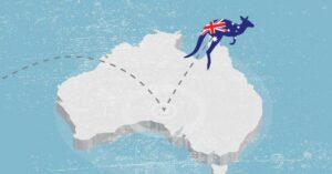 Illustration of a kangaroo with Austrailian Flag hopping onto the Austrailian continent shape