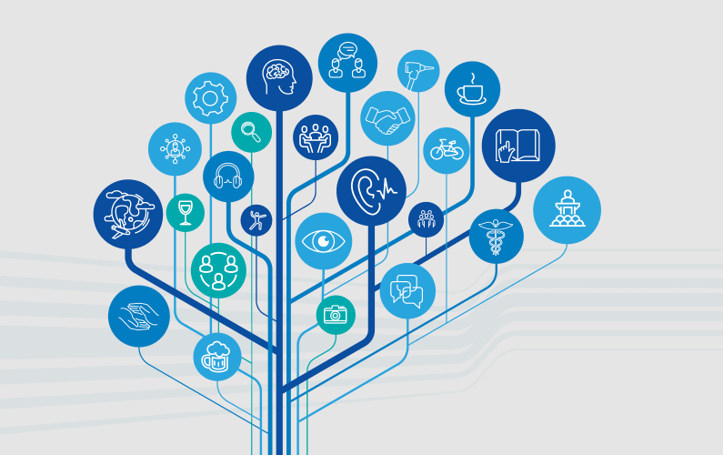 Linked illustration of icons that form an abstract brain