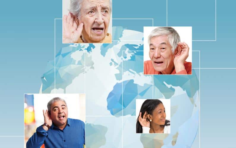 Collage of diverse group of hearing impaired people overlaying an illustrated globe