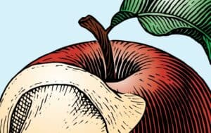 Illustration of an apple with a bite that is shaped like an ear