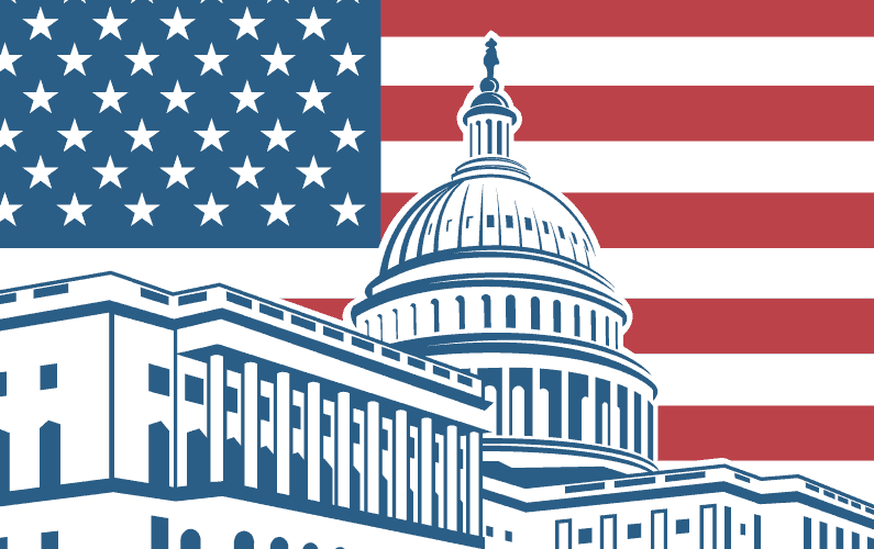 Illustration of the capital building in front of the US flag