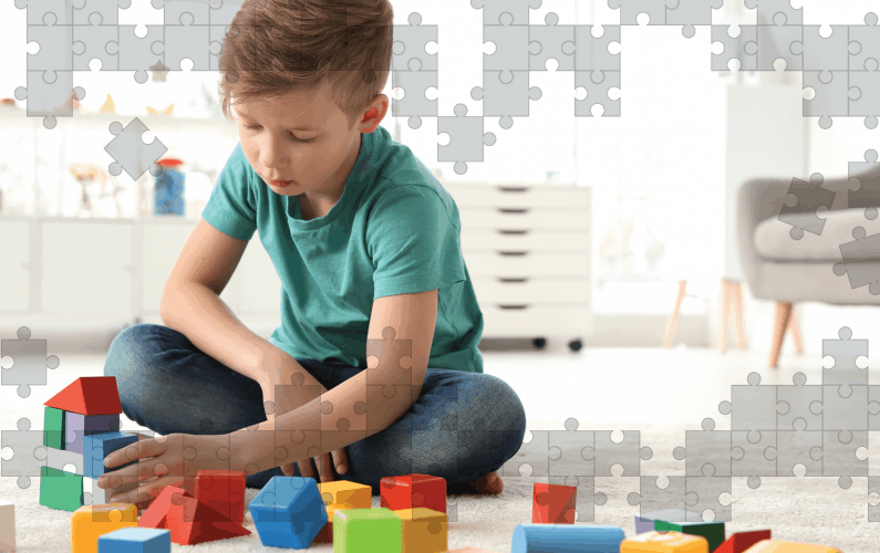 Autistic Boy playing with blocks with an overlay of puzzel pieces - Autism Spectrum Disorder and Hearing Loss: A New Frontier of Clinical Care Article