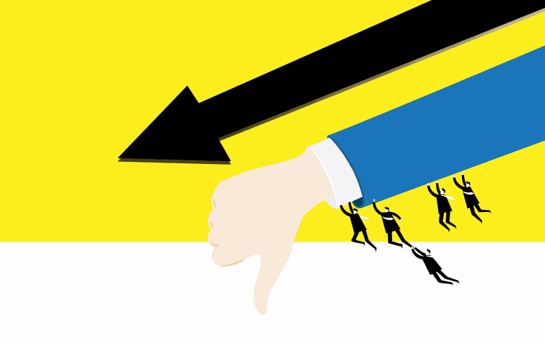 Illustration of a large hand with a thumbs down and a group of business guys holding onto the sleeve - False 4-kHz Air-Bone Gaps: A Failure of Standards Article