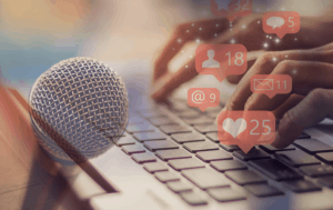 Photo collage of person accessing social media on a laptop overlaid with a microphone