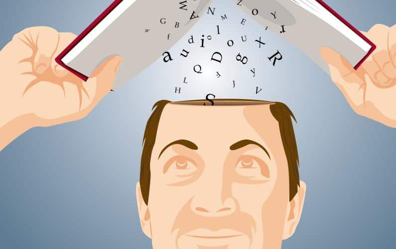 Illustration of man holding book over head and absorbing knowledge into the top of head - The Terminology of False and Exaggerated Hearing Loss Article