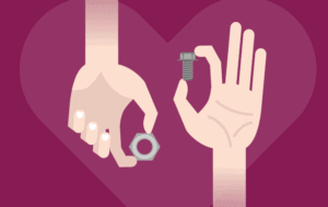 Illustration of one hand holding nut while second hand holds bolt in front of a large heart