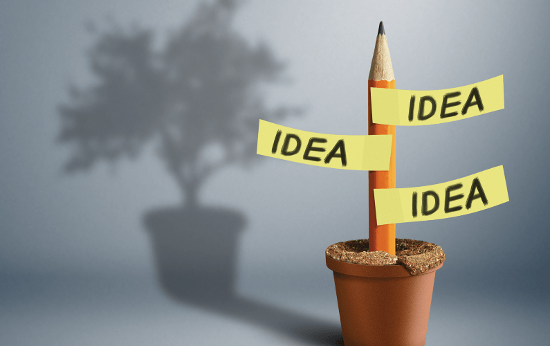 A photo illustration of a pencil with ideas attached to it and showing tree in the shadow