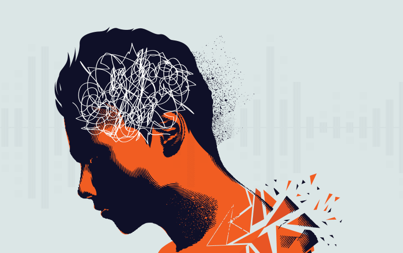 Illustration of young adult coping with tinnitus and hyperacusis