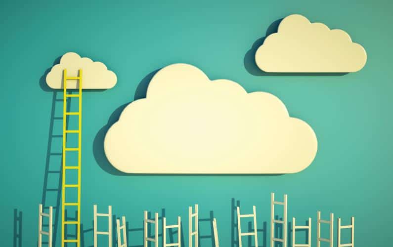 Illustration of a ladder reaching the clouds with many shorter ladders below