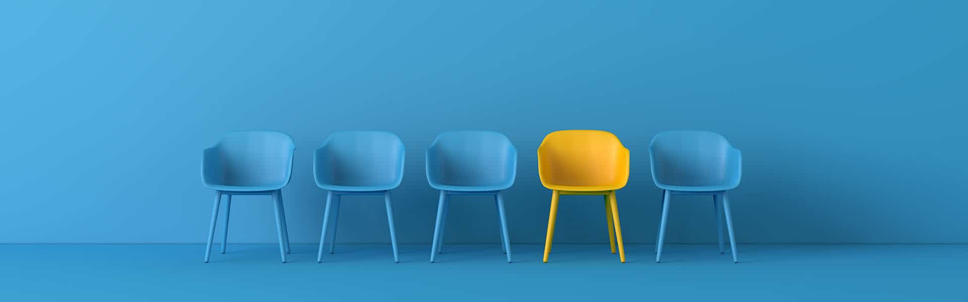 Yellow chair standing out from the crowd. Business concept. 3D rendering