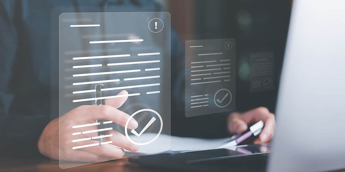 Businessman checking the steps through a virtual online document with a list of checkboxes Concepts of practices and policies, company articles of association Terms and Conditions. Shutterstock Image.