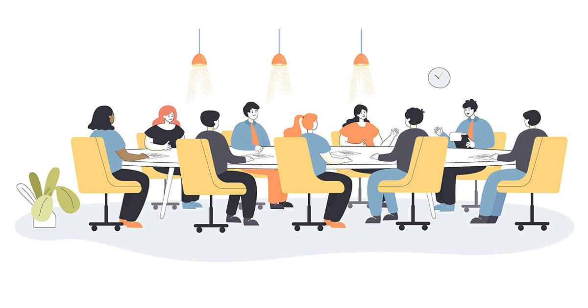 shutterstock_2074353553 - social Men and women sitting on chairs at round table in office boardroom. Board, leader and CEO having big talk about business strategy flat vector illustration. Team work, corporate culture concept