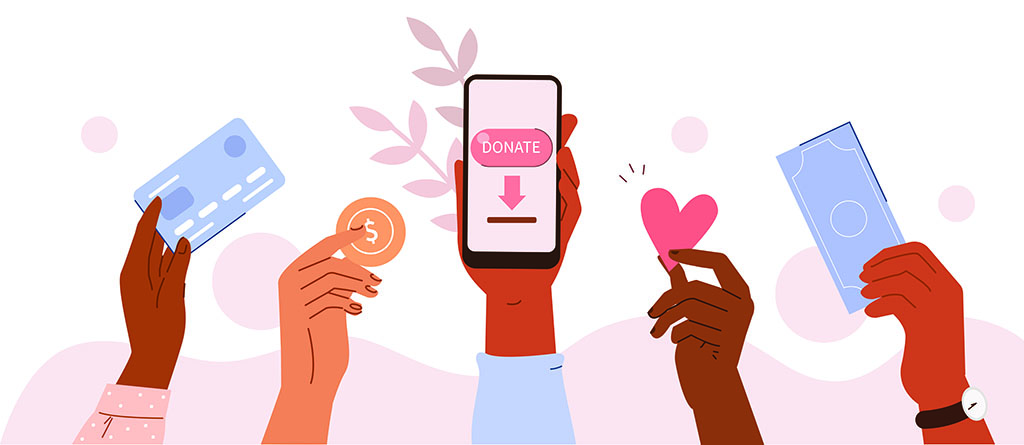 People characters donating money for charity online. Volunteers collecting charitable donations. Online charity and financial support concept. Flat cartoon vector illustration.