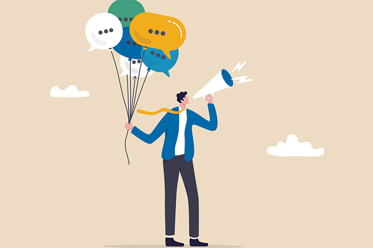 shutterstock_2145056413-spread-the-message Communication or PR, Public Relations manager to communicate company information and media, announce sales or promotion concept, businessman holding speech bubble balloons while talking on megaphone.