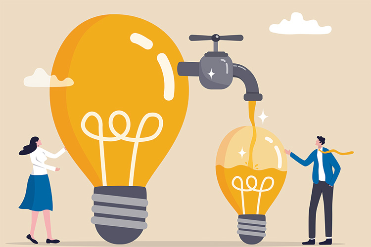 shutterstock_2215926423-share-your-expertise Sharing idea or knowledge sharing, transfer information or wisdom to employees or colleagues, creativity or innovation, learning new skills concept, business people transfer idea to new lightbulb.