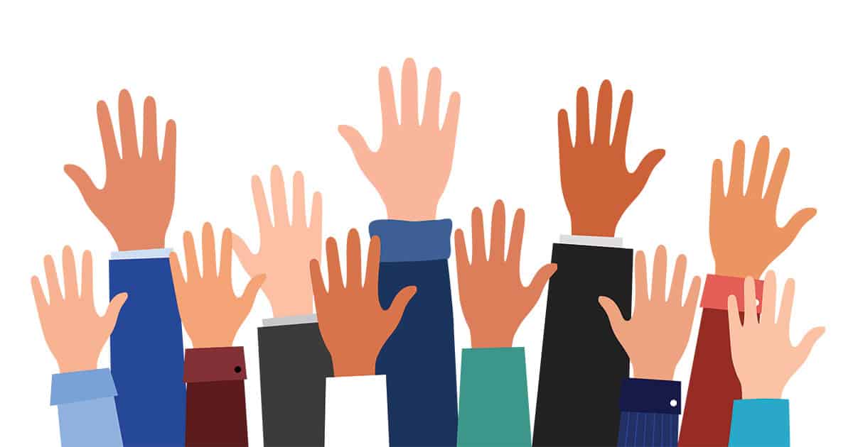 shutterstock_2435334389-volunteer Businesspeople group raised arms and hands in flat design on white background.