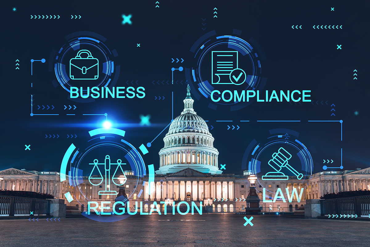 Front,View,,Capitol,Dome,Building,At,Night,,Washington,Dc,,Usa. Front view, Capitol dome building at night, Washington DC, USA. Illuminated Home of Congress and Capitol Hill. Glowing hologram legal icons. The concept of law, order, regulations and digital justice