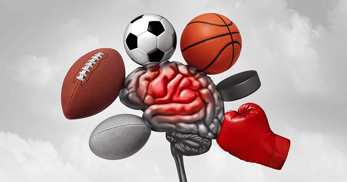Sports Brain Injury as a sport injury causing a Concussion as football hockey rugby basketball boxing and soccer as equipment or athletes crashing into a human head with 3D illustration elements.