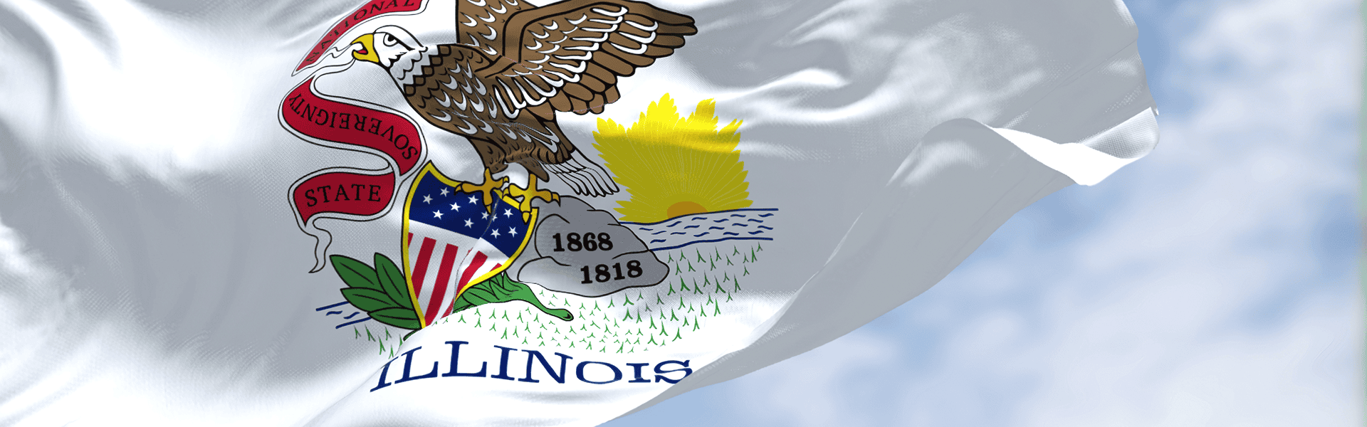 Illinois Legislature Passes Hearing Care Plan Transparency. The US state flag of Illinois waving in the wind. Illinois is a state in the Midwestern region of the United States.