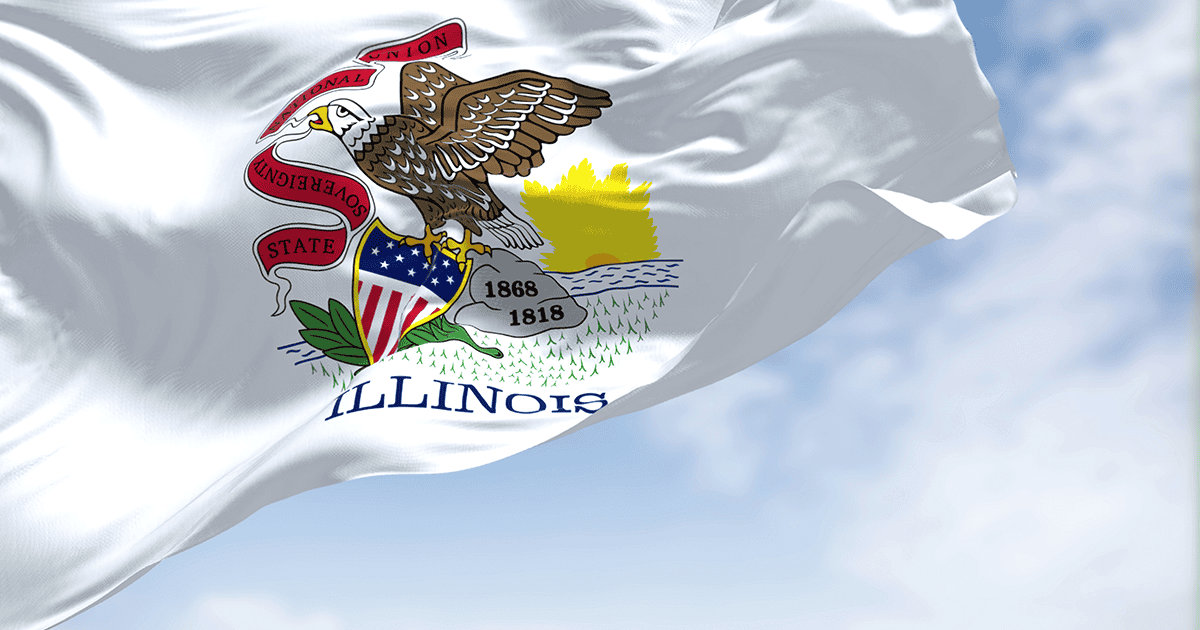 Illinois Legislature Passes Hearing Care Plan Transparency. The US state flag of Illinois waving in the wind. Illinois is a state in the Midwestern region of the United States.