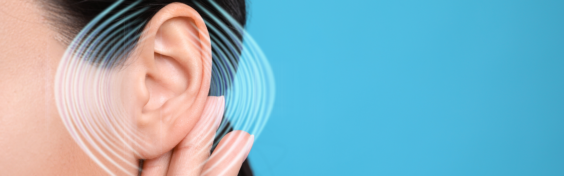Woman with audio waves around her ear on blue background, closeup - Americans Do Not Understand the Importance of Hearing Health