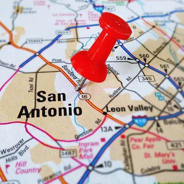 Closeup,Of,A,San,Antonio,Map,With,Tack Closeup of a San Antonio map with tack
