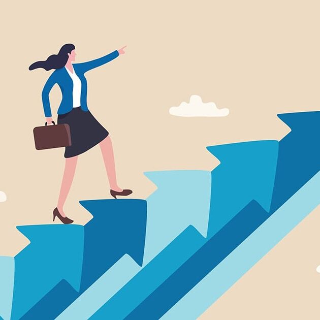 shutterstock_2221703877 - social An illustration of a confident businesswoman climbing a series of upward-pointing blue arrows that resemble stairs, symbolizing growth and progress. She is wearing a blazer and skirt, carrying a briefcase, and pointing forward with determination against a beige background with small clouds. / shutterstock.com